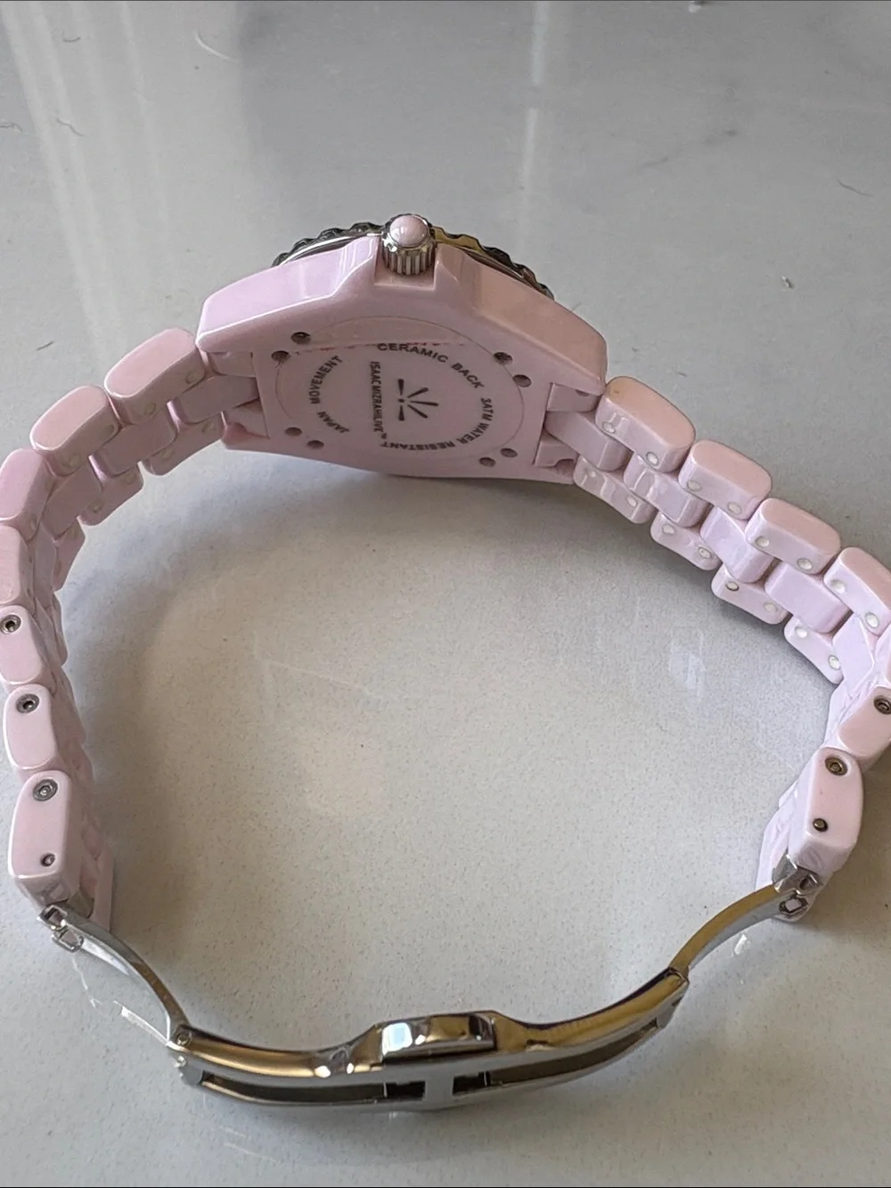 Isaac Mizrahi Pale Pink Ceramic Link Watch with Silver Accents